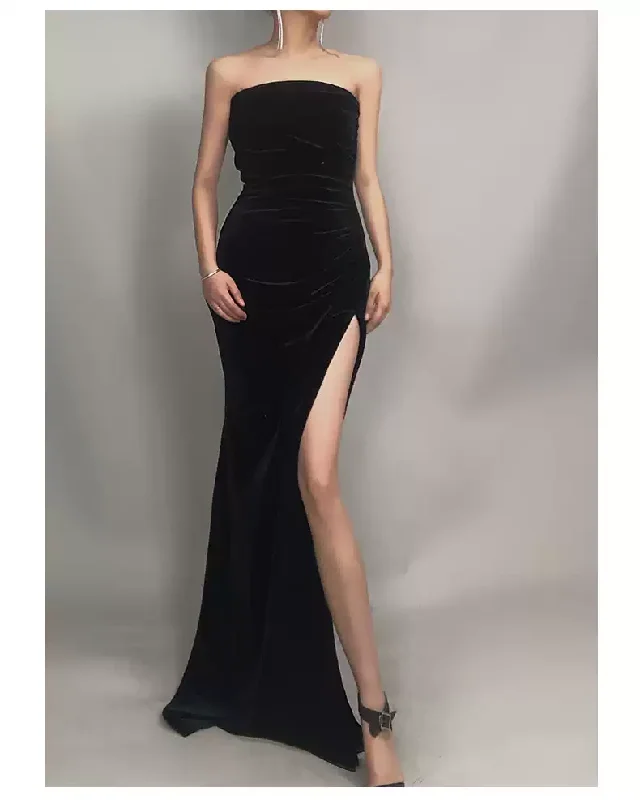 Take Advantage denim dressElegant Strapless Black Velvet Prom Dress With Slit,Gala Dress Y1412
