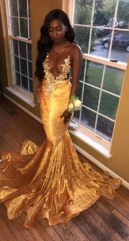 Deal of the Day ashionable dressNewly Gold Transparent Velvet Long Train With Appliques Prom Dresses Y891 Deal of the Day ashionable dressNewly Gold Transparent Velvet Long Train With Appliques Prom Dresses Y891