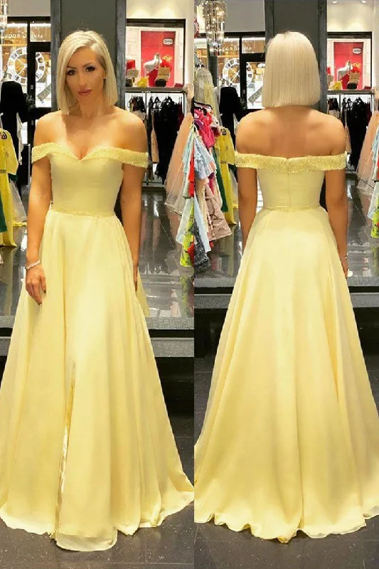 Today's Special Yellow Off Shoulder A Line Chiffon Sweetheart Daffodil Long Prom Dresses GJS645