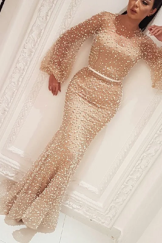 Members Only Long Sleeves Modest Mermaid Prom Dress  Long Small Round Collar