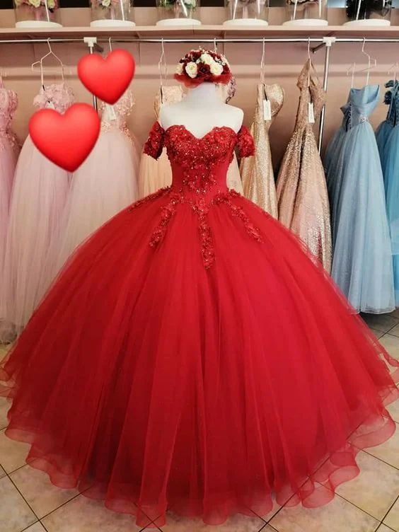 Flash Deals tiered dressGenerous Red A-line Tulle Lace Ball Gown,Sweet 16 Dress Y1221