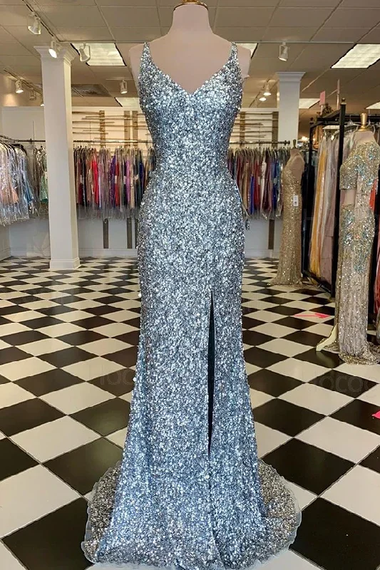 TIME-Limited Offer V-Neck Silver Sequin Mermaid Prom Dress With Side Slit GJS627