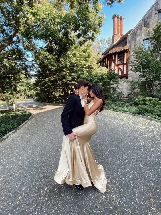 Act Fast lace-up dressLight gold one shoulder mermaid satin prom dresses Y851
