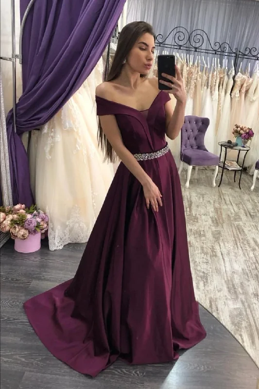 Closeout denim dressGrape Purple Satin Prom Dresses with Beaded Belt Y933
