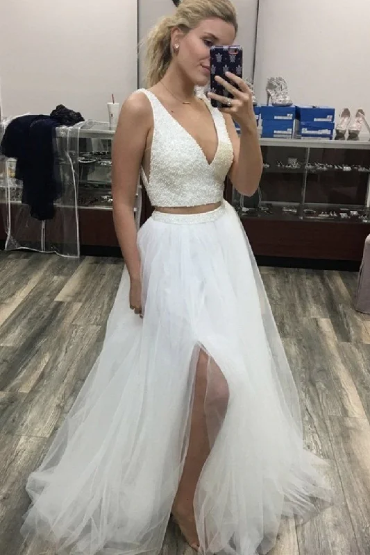 Value Deals White V Neck Two Pieces A Line Beaded Long Prom Dresses GJS643