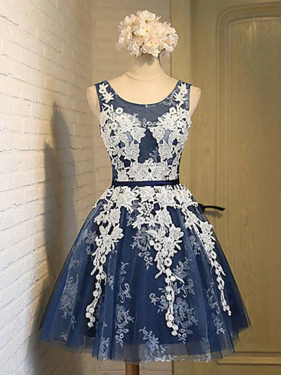 Best Bargains Homecoming Dress Appliques Dark Navy Lace-up Short Prom Dress Party Dress JK188
