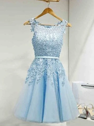 Markdowns Homecoming Dress Light Sky Blue Appliques Short Prom Dress Party Dress JK065