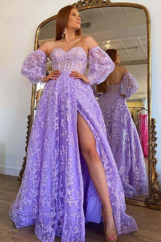 bohemian dressSparkly Princess Lavender Bustier Puff Sleeves Lace Long Prom Dress Y1745