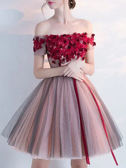 Bargain Blast Homecoming Dress Burgundy Hand-Made Flower Short Prom Dress Party Dress JK196