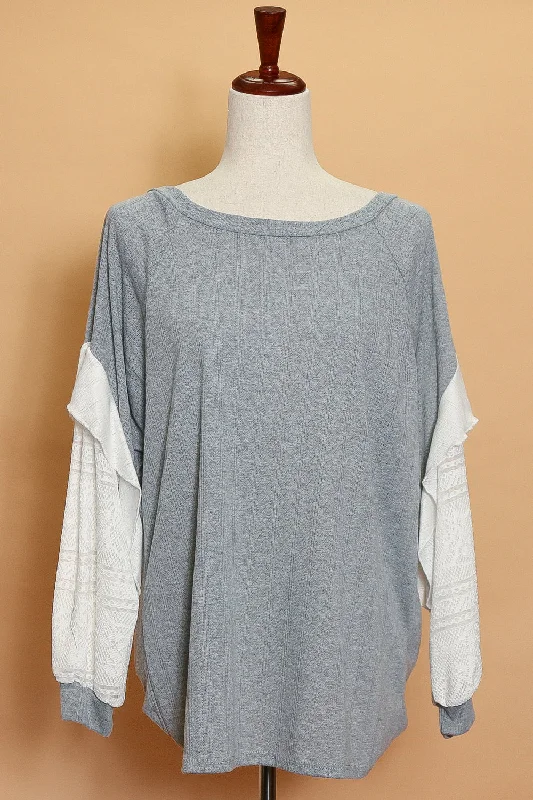 trendy jacketGrey Pointelle Lace Sleeve Sweater (5pc)