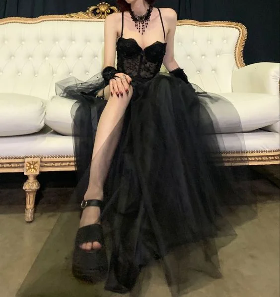 Discount Extravaganza winter dressGothic Black Tulle Prom Dress,Sexy Black Sleeveless Prom Gown Y1133
