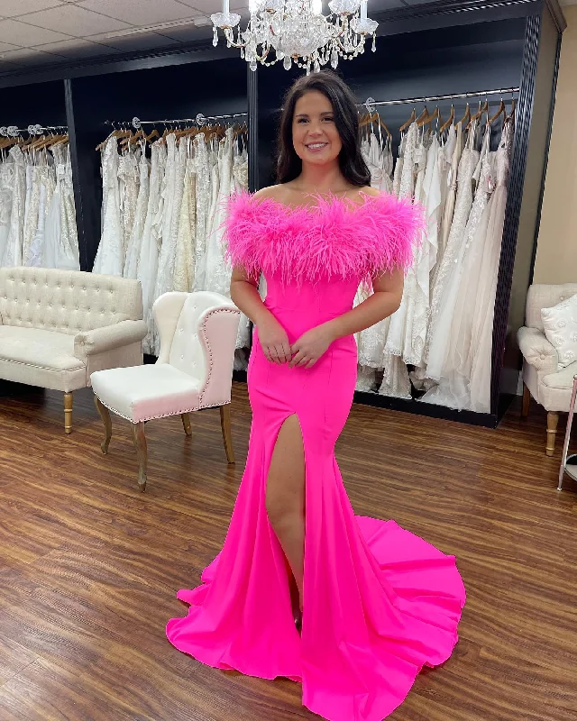 Weekend Deal minimalistic dressHot Pink Mermaid Feather Neckline Off the Shoulder Formal Dress Elegant Hot Pink Prom Dress Y1311