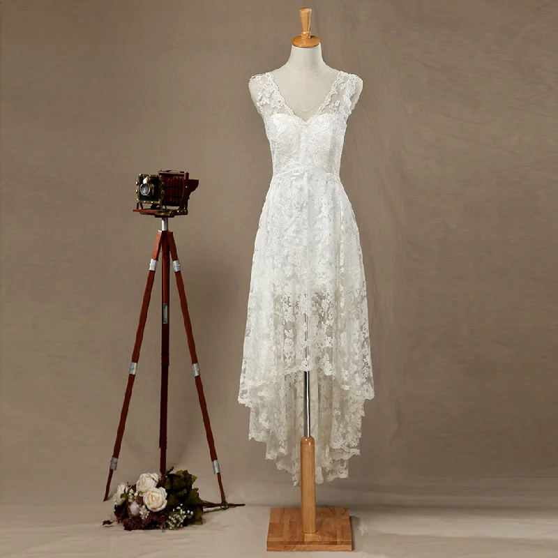 silk dressCharming A-line V Neck White Lace Hi-low Prom Dress,White Short Prom Dress Y1780