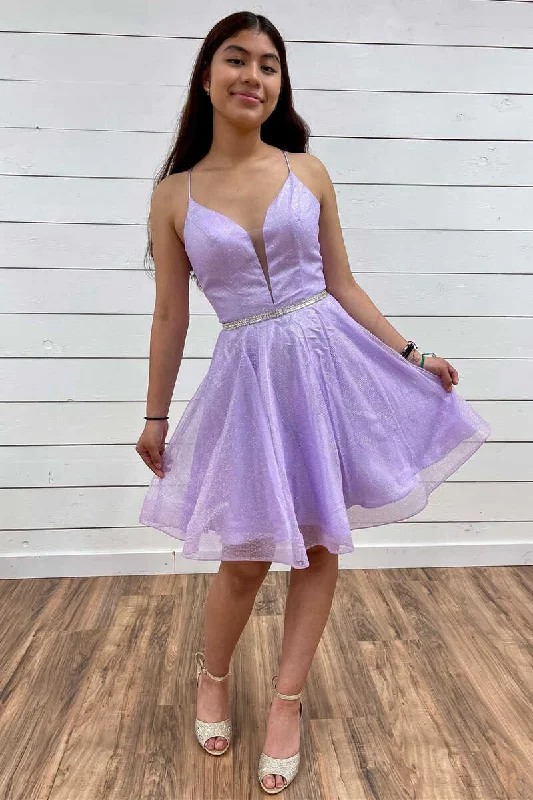 Daily Deals layered dressA-Line Lavender Plunge V Short Homecoming Dress Y931