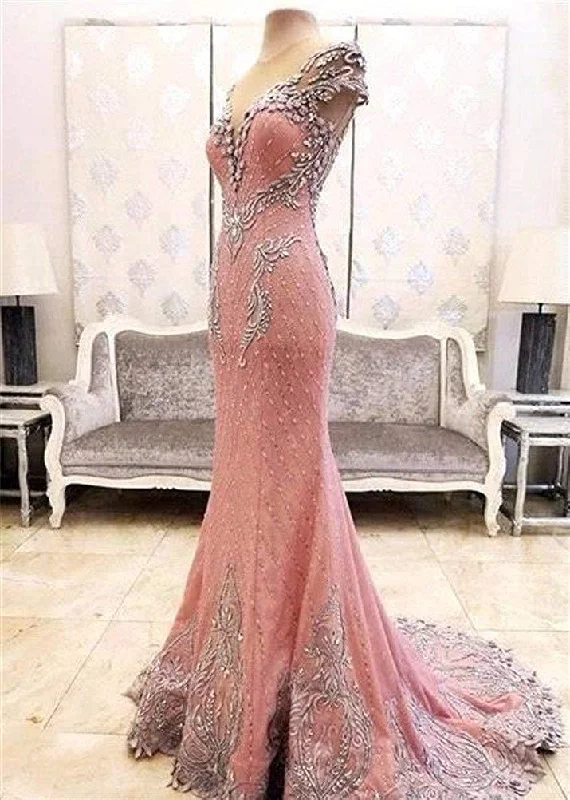 YEAR-End Sale Luxury Cap Sleeve Mermaid Long Prom Dresses Lace Beaded Evening Dresses NA5001