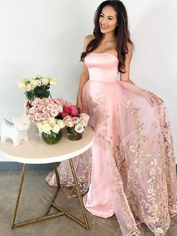 Get It Before It’s Gone Pink Strapless Prom Dresses Sexy Gold Appliques Prom Dress/Evening Dress JKS075
