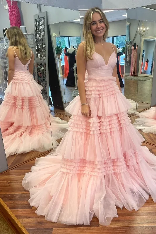 casual slip dressPrincess Pink Tiered Layers Tulle Long Formal Gown A-line Prom Dress Y1684