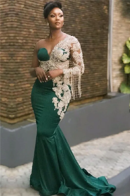Great Deals Beaded Chiffon Green Long Mermaid Prom Dress One Shoulder With Long Sleeve On One Side