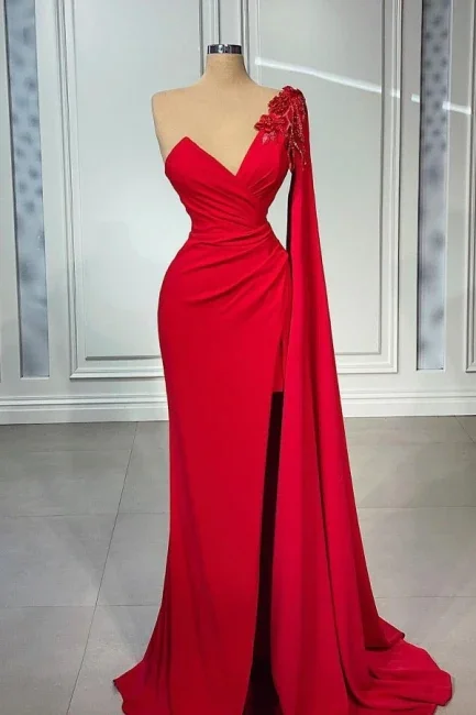 Closeout shift dressRed One-shoulder Sleeveless Mermaid Satin Floor-Length Prom Dresses With Ruffles Y155 Closeout shift dressRed One-shoulder Sleeveless Mermaid Satin Floor-Length Prom Dresses With Ruffles Y155