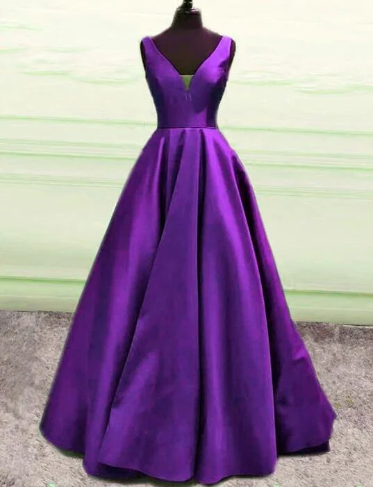 Don't Wait mini dressElegant V Neck Purple Satin Long Prom Dress,Formal Gown Y1080