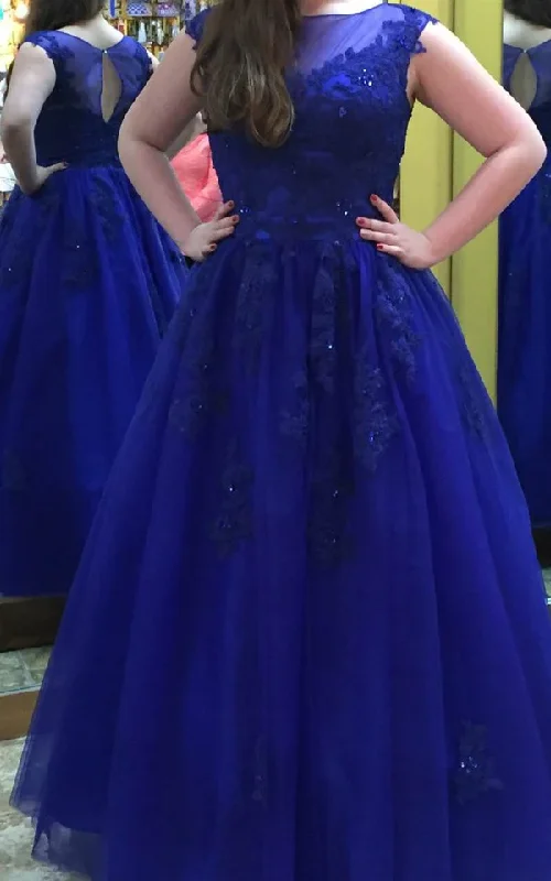 Online Only draped dressRoyal Blue Beading Appliques A-Line/Princess Tulle Prom Dresses Y1196