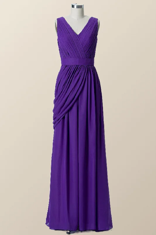 Buy More, Save More elegant maxi dressV Neck Purple Pleated Chiffon A-line Bridesmaid Dress