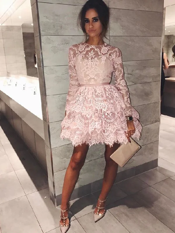 Buy More, Save More Long Sleeve Homecoming Dresses Aline Lace Chic Short Prom Dress Party Dress JK694