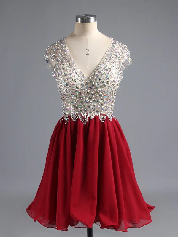 Can't Be Beat Sexy V-neck Homecoming Dress Red Chiffon Short Prom Dress Party Dress JKS063