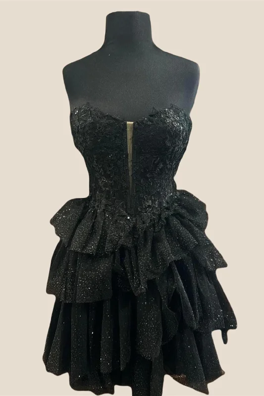 Deal Zone casual summer dressStrapless Black Appliques Tiered Short Dress