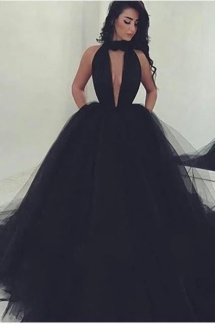 Daily Specials Sexy Ball Gown Black Prom Dress Long Tulle Deep V-neck