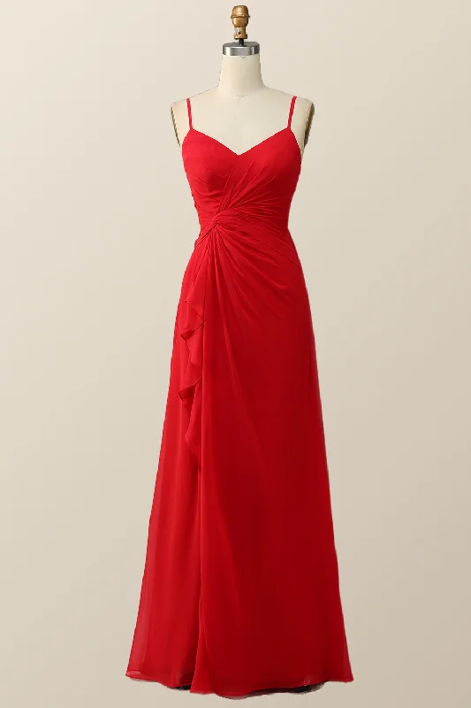Anniversary Sale satin midi dressStraps Red Twisted Chiffon Long Bridesmaid Dress