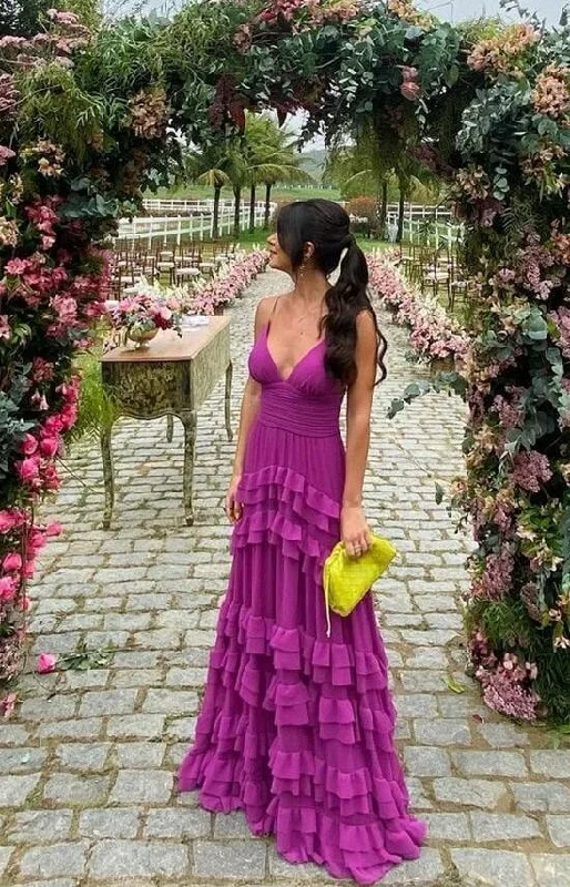 flowy evening dressA Line V Neck Purple Graduation Party Dresses, Prom Dresses For Teens Y1471