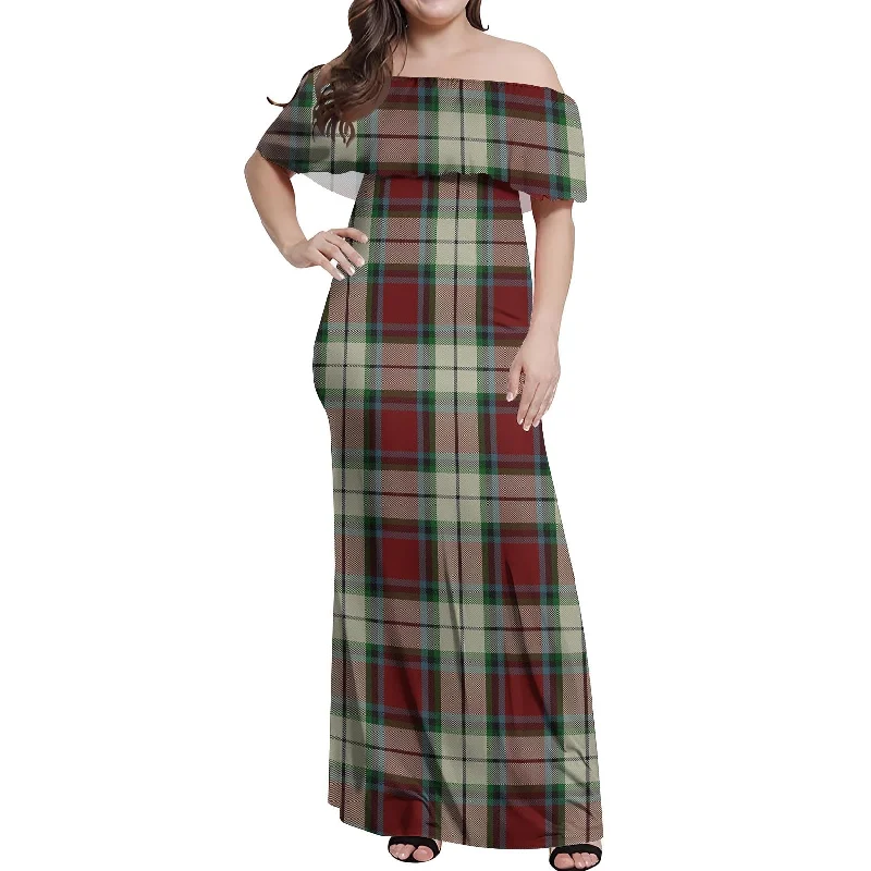 Closeout Sale Rose White Dress Tartan Off Shoulder Long Dress