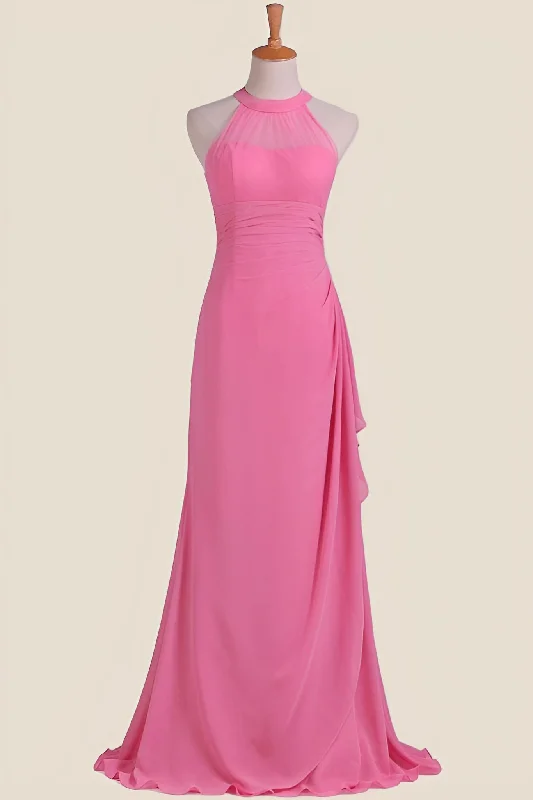 Flash Deals pleated dressHot Pink Halter Chiffon Draped Long Dress