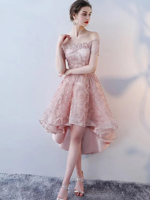 Online Specials High Low Homecoming Dresses Off-the-shoulder Short Prom Dress Lace Party Dress JK583