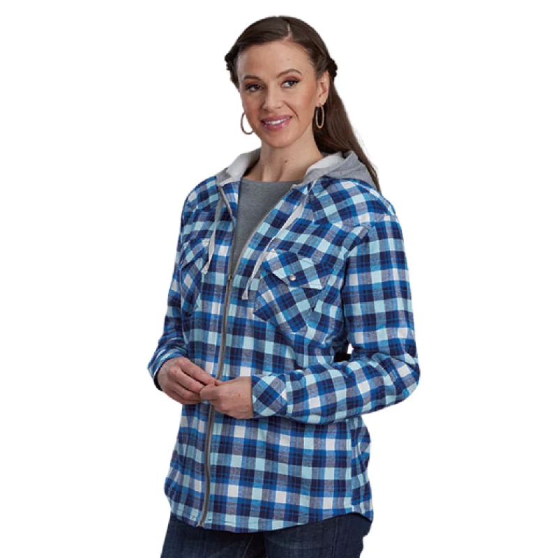 Stock Clearance trendy jacketWomen's Blue/White Plaid Flannel Lined Zip Up Hoodie