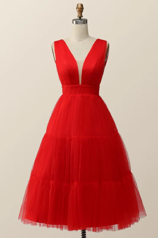 Big Discounts stylish party dressEmpire Red Tulle A-line Midi Dress