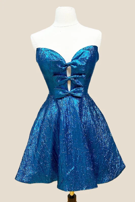 Can't Miss velvet dressPlunge Neck Blue Short Party Dress with Bow