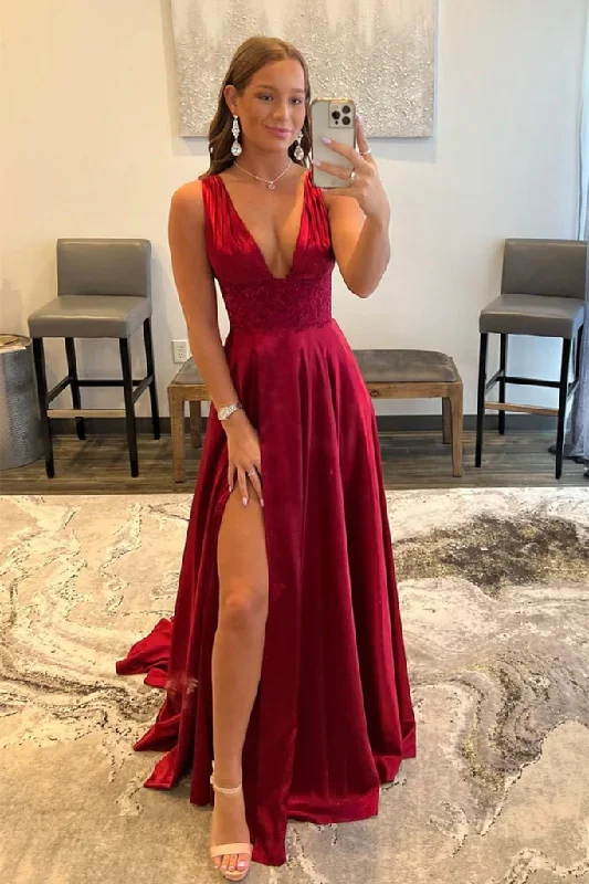 Weekend Flash Sale Burgundy V Neck Lace Long Prom Evening Dress with High Slit GJS686