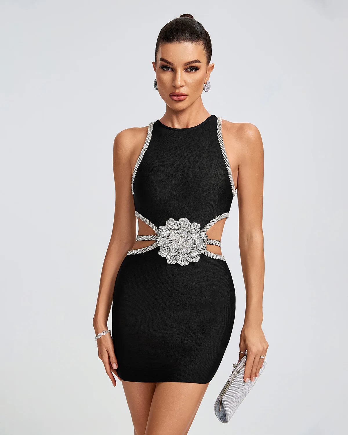 Amazing Deals textured dressBlack Cutout Rhinestone Flower Mini Bandage Dress