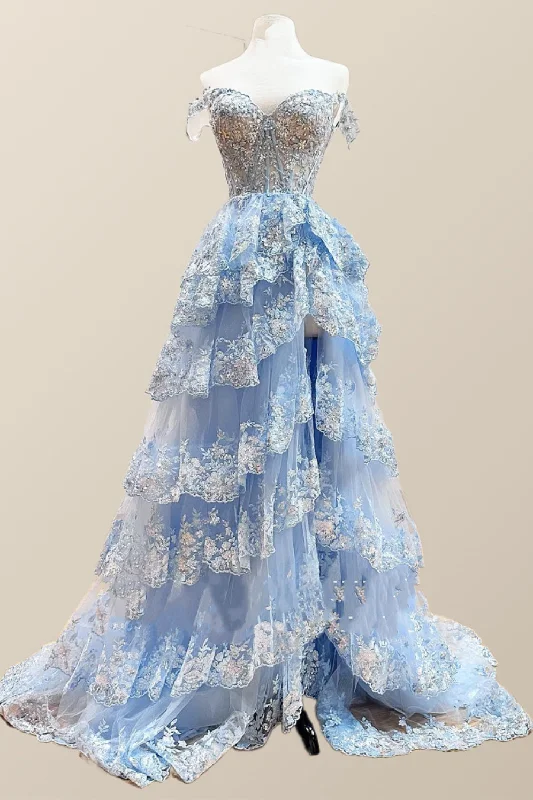 Year-End Sale chic slip dressOff the Shoulder Light Blue Appliques Tiered Formal Gown Year-End Sale chic slip dressOff the Shoulder Light Blue Appliques Tiered Formal Gown