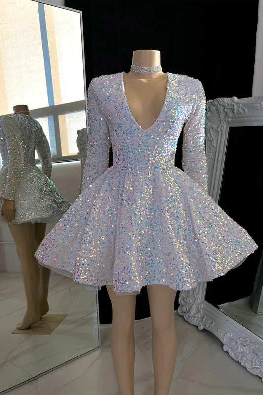 sophisticated dressSparkling V-neck A-line Graduation Dress With Sequins,White Short Homecoming Dress Y1951