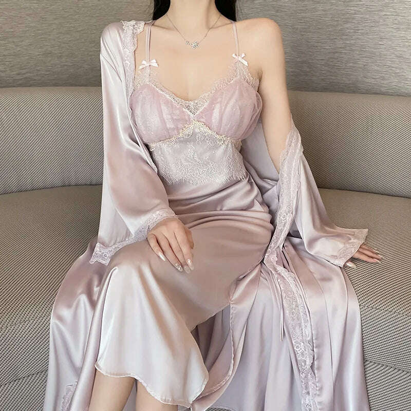 Can't Miss graphic coatElegant Long Robe Suit Sexy Home Dressing Gown Lace Trim Kimono Bathrobe Backless Nighty&robe Set Intimate Lingerie Nightgown