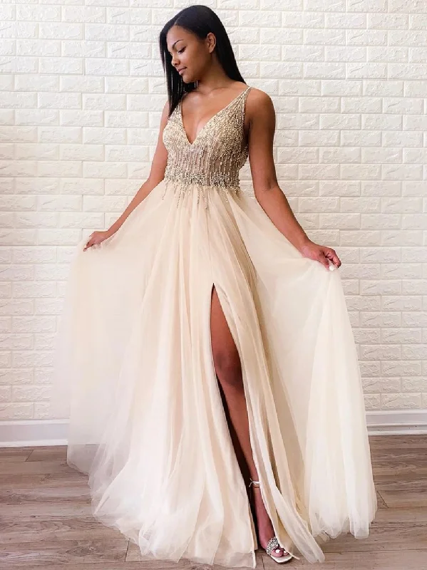 Year-End Sale Sexy Deep V Neck Side-Slit Beaded Long Prom Evening Dress JKR301