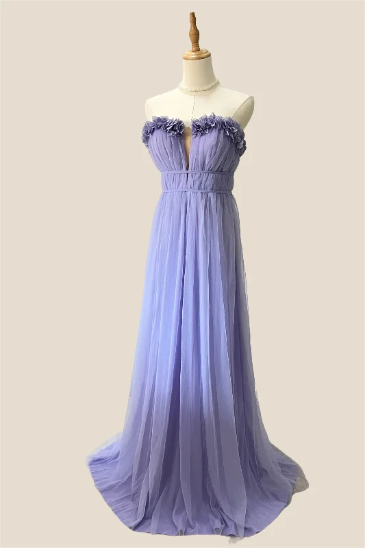 Weekend Special floral wrap dressStrapless Lilac 3D Folral Tulle Long Dress