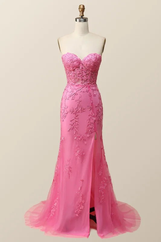 Limited Availability knit dressStrapless Hot Pink Lace Mermaid Long Prom Dress
