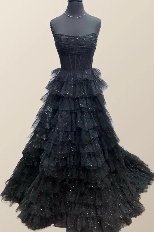 Act Now off-shoulder dressStrapless Ruched Black Tiered Long Formal Dress