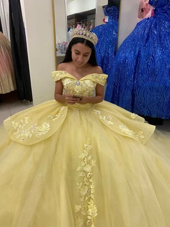 Final Markdown vintage dressOff The Shoulder Yellow Princess Dress Sweet 16 Dress Ball Gown Y655