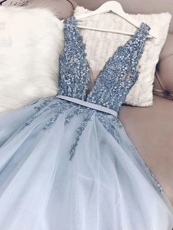 Unbeatable Prices Open Back Prom Dresses V Neck Dusty Blue Beaded Prom Dress Sparkly Evening Dress JKL1657