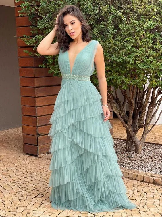 Must-Have Deals lace dressGenerous A-line V Neck Tulle Prom Dress,Formal Gown Y1346